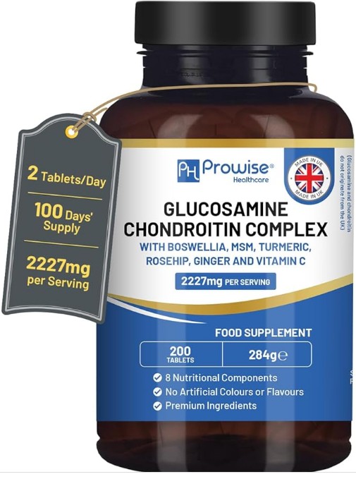 Glucosamine and Chondroitin Complex 2227mg per Serving | 200 High Strength Tablets | 8 Nutritional Components | MSM, Boswellia, Vitamin C, Turmeric, Ginger, and Rosehip | Made in UK by Prowise